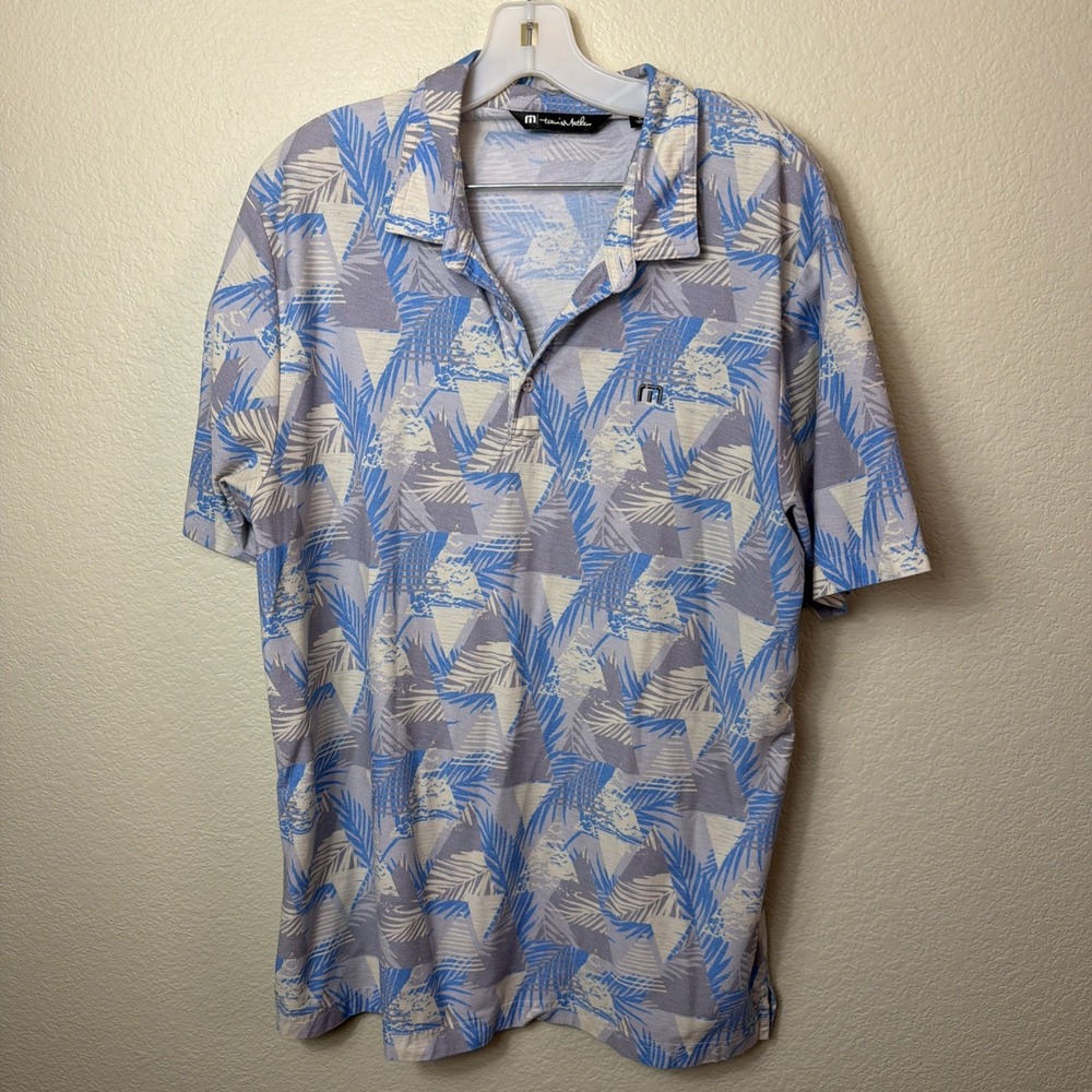 TravisMathew Golf Shirt Large L Gray Blue Tropical Leaf Print Short Sleeve Polo